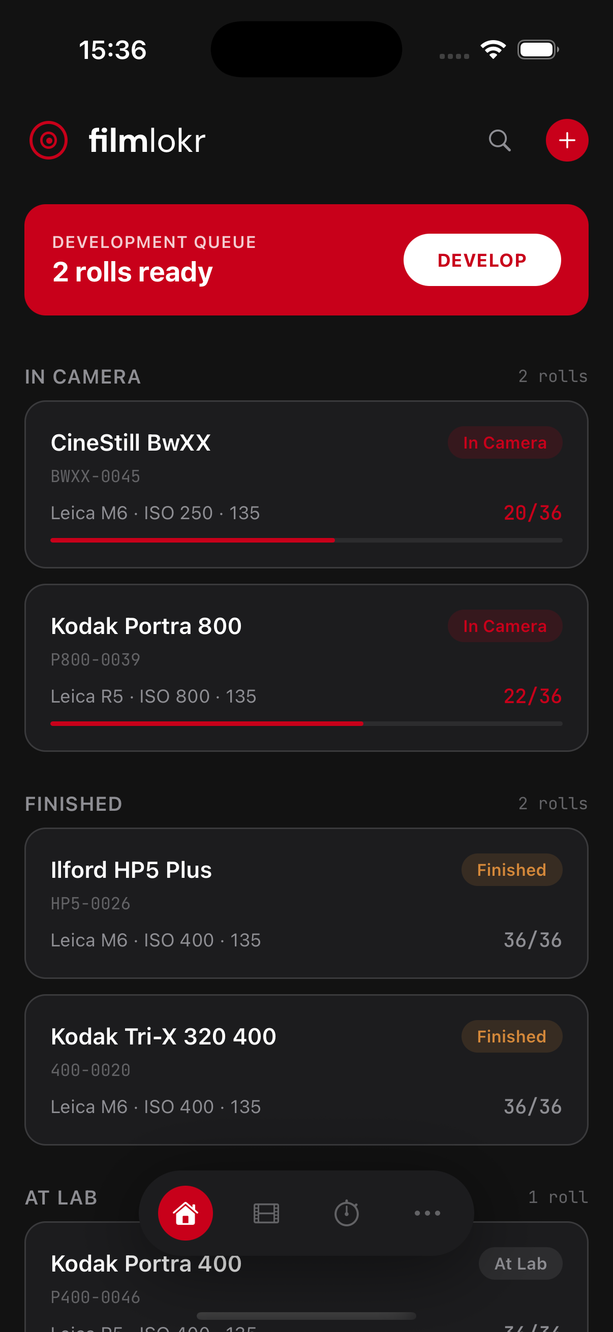 FilmLokr home screen showing roll tracking