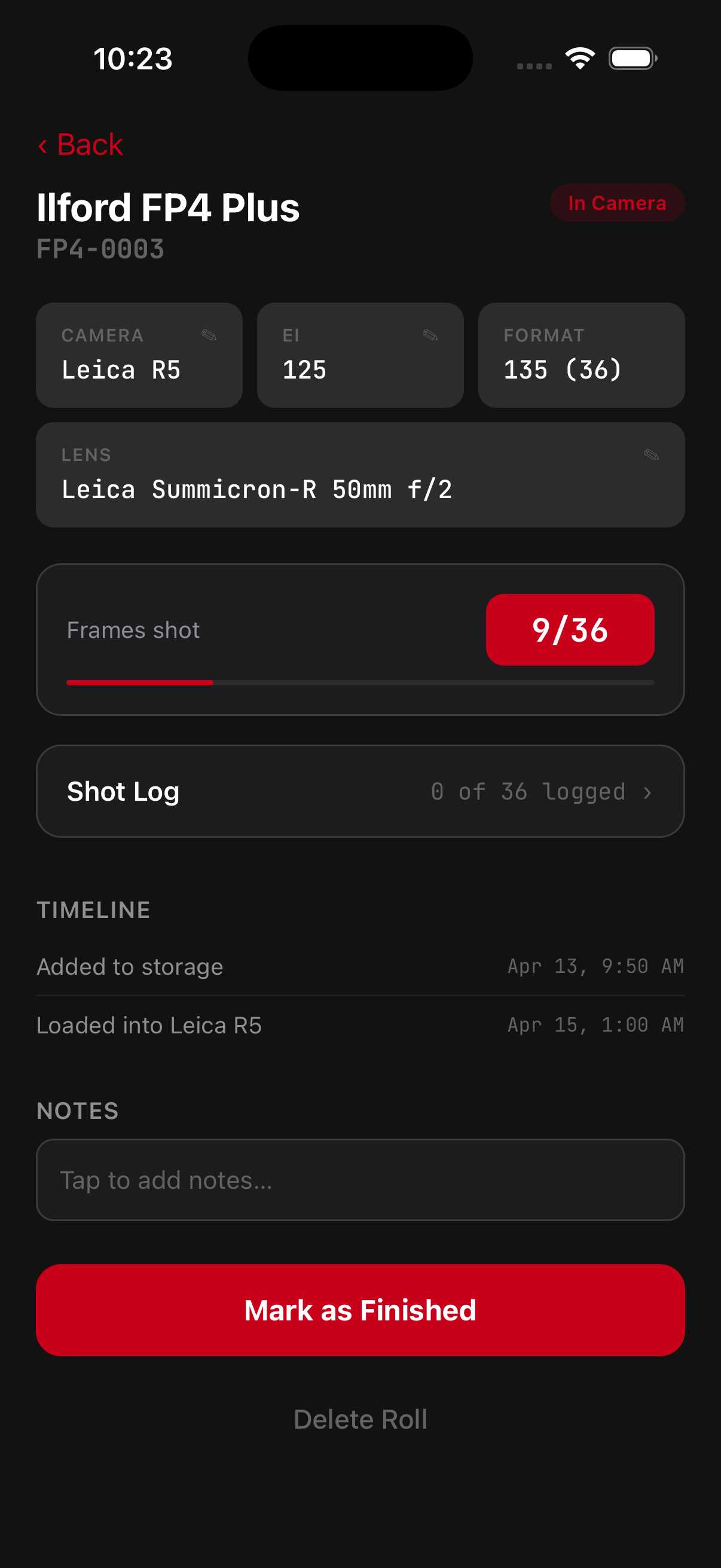 FilmLokr roll detail showing CineStill BwXX with timeline and frame count
